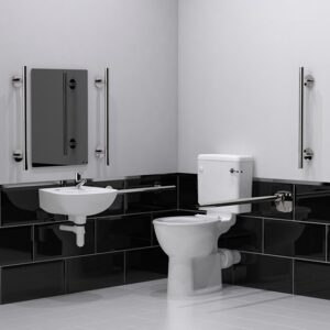 Close coupled Doc M toilet pack with stainless steel concealed fixing luxury grab rails NY03 DM 11000 SP crop