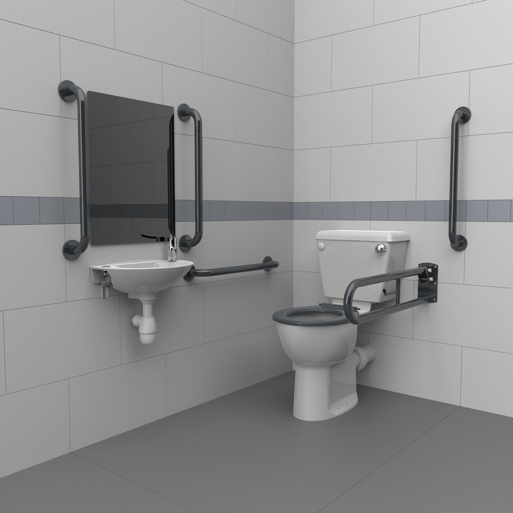 Close coupled Doc M toilet pack with steel concealed fixing grab rails dark green