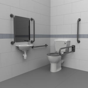 Close coupled Doc M toilet pack with steel concealed fixing grab rails dark grey