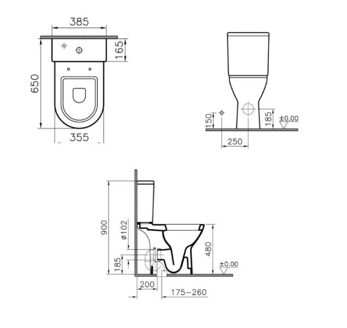 Vitra Comfort Height Open Back Close Coupled WC Pan (5421L003-7200) measurements