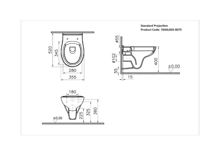 Vitra S10 Wall Hung WC Pan Standard 7644L003 0075 measurements