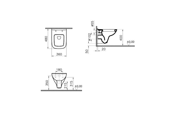 Vitra S20 Wall-Hung WC Pan Short Projection 48cm (5505L003-0101) measurement