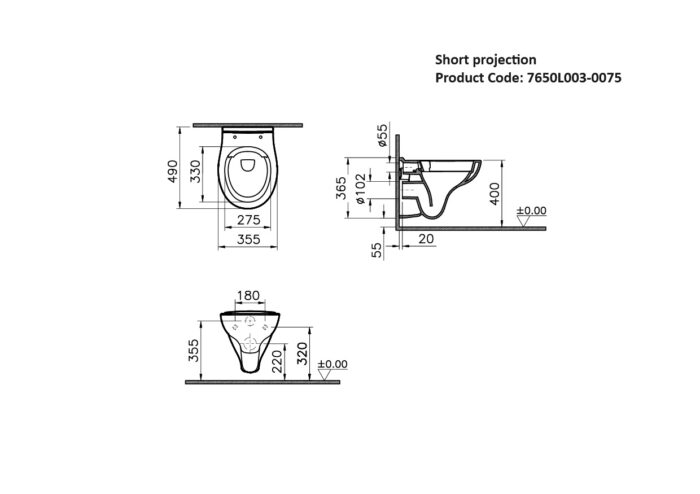 Vitra Wall-Hung WC Pan, Short Projection (7650L003-0075) measurements